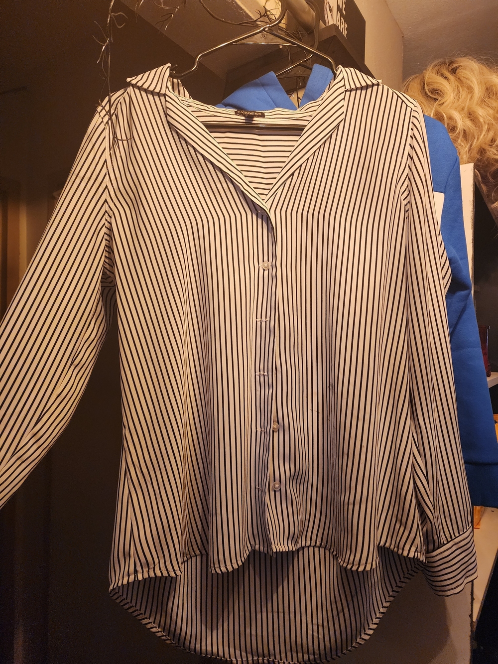 Express Women's Black & White Striped Button-Up Blouse